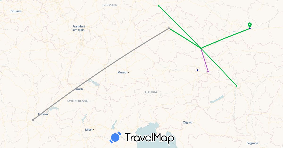 TravelMap itinerary: driving, bus, plane, train in Austria, Czech Republic, Germany, France, Hungary, Poland, Slovakia (Europe)
